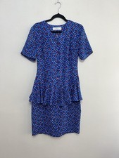 Vintage St Michael Blue Floral Peplum Half Button Tie Back Midi Dress UK 14