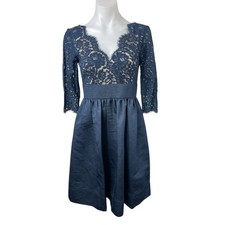 Eliza J Womens Blue Floral Lace Scalloped V-Neck 3/4 Sleeve Mini A-Line Dress 2