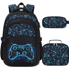3 PCS Boys Gamer Backpack Set Luminous Lunch Box Pencil Case USB Port