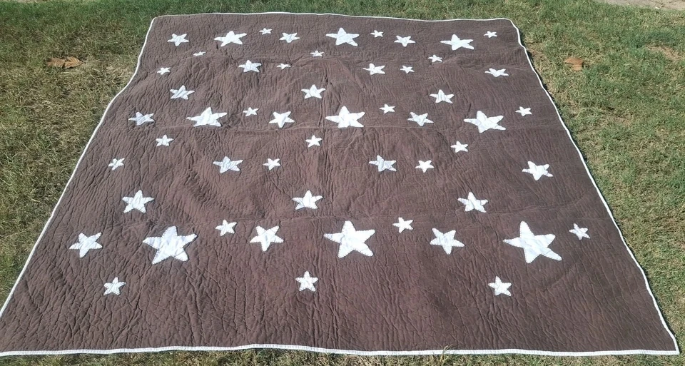 Rare Pottery Barn Kids Shining Star 2010 Queen Brown White Border Quilt 86 x 86 - Image 2 of 4
