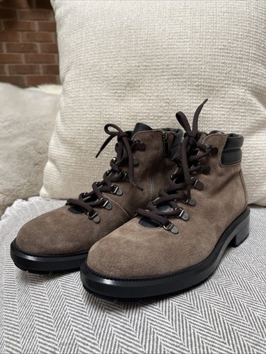 Aquatalia Liviana Hiker Boots Taupe Weatherproof Suede Leather Sz 9 M ITALY NEW
