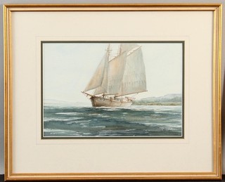 Orig Antique EDMOND JOHNSON Schooner Sailboat MAINE Seascape Watercolor Painting