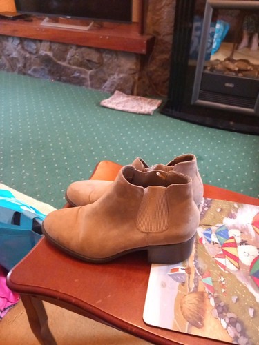 Peacocks 8 Pull On Beige suede Look Ankle Boots Small 1.5 Inch Heel - Picture 2 of 9