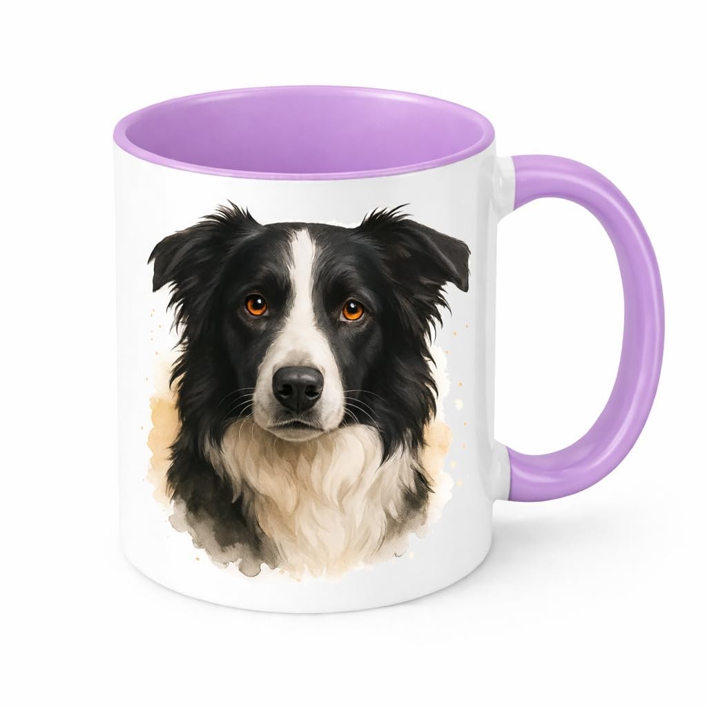 Border Collie Mug Brew Crew Gifts Ceramic 11oz Watercolour Dog Portrait Lilac