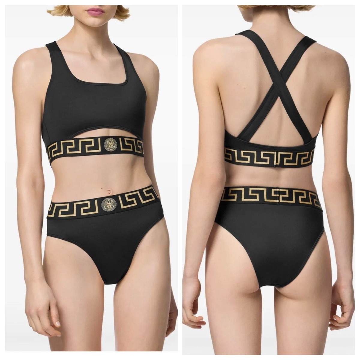VERSACE 三角水着 黒/金 4size NWT Versace 2 Pcs Swimsuit Set Size 1/ XS Greca Belt Black Gold