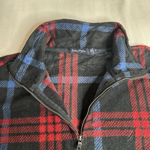 Nautica Herren blau und rot karierter Fleecepullover 1/4 Reißverschluss Medium - Bild 3 von 6