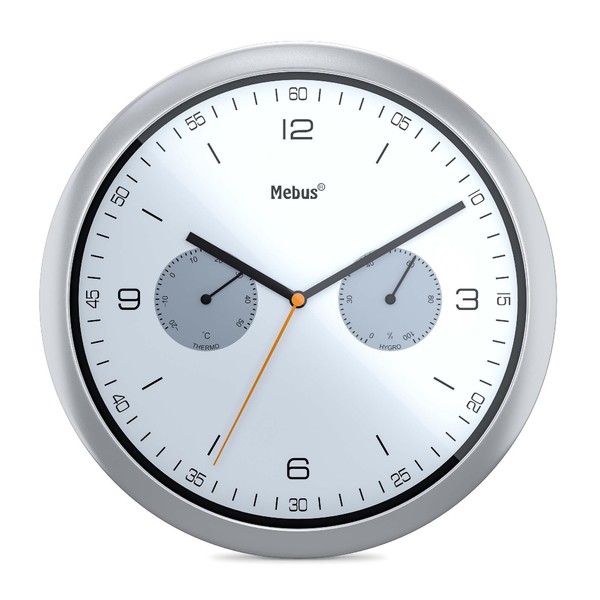 Mebus Quarz-Wanduhr Thermometer Hygrometer Rund Silber Kunststoff 26Cm Modell-image