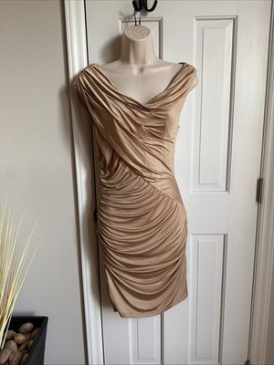 Bebe Night Club Mini Dress Size M Gold Stretch Scoop Neck Sleeveless Lined