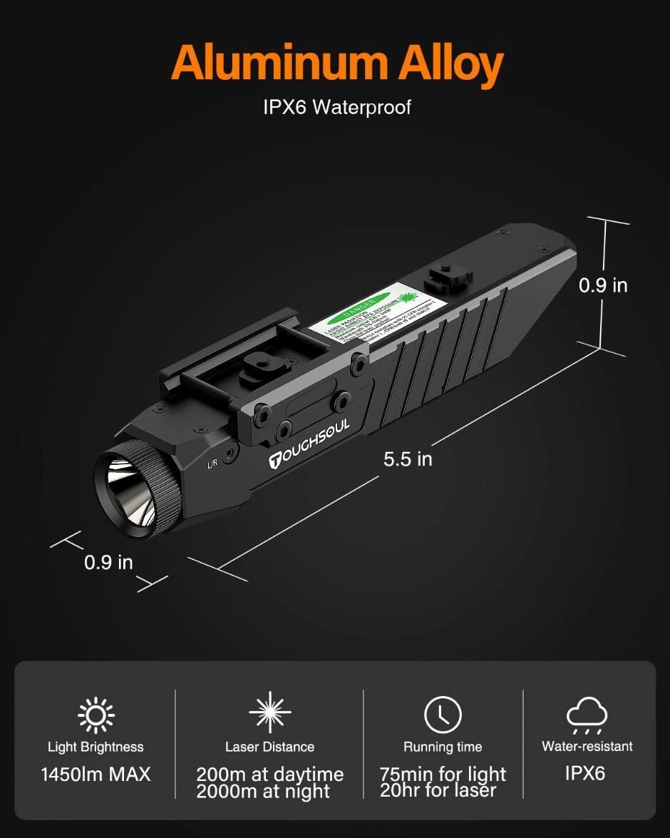 TOUGHSOUL 1450 Lumens Dual Rail Tactical Flashlight with Red/Green