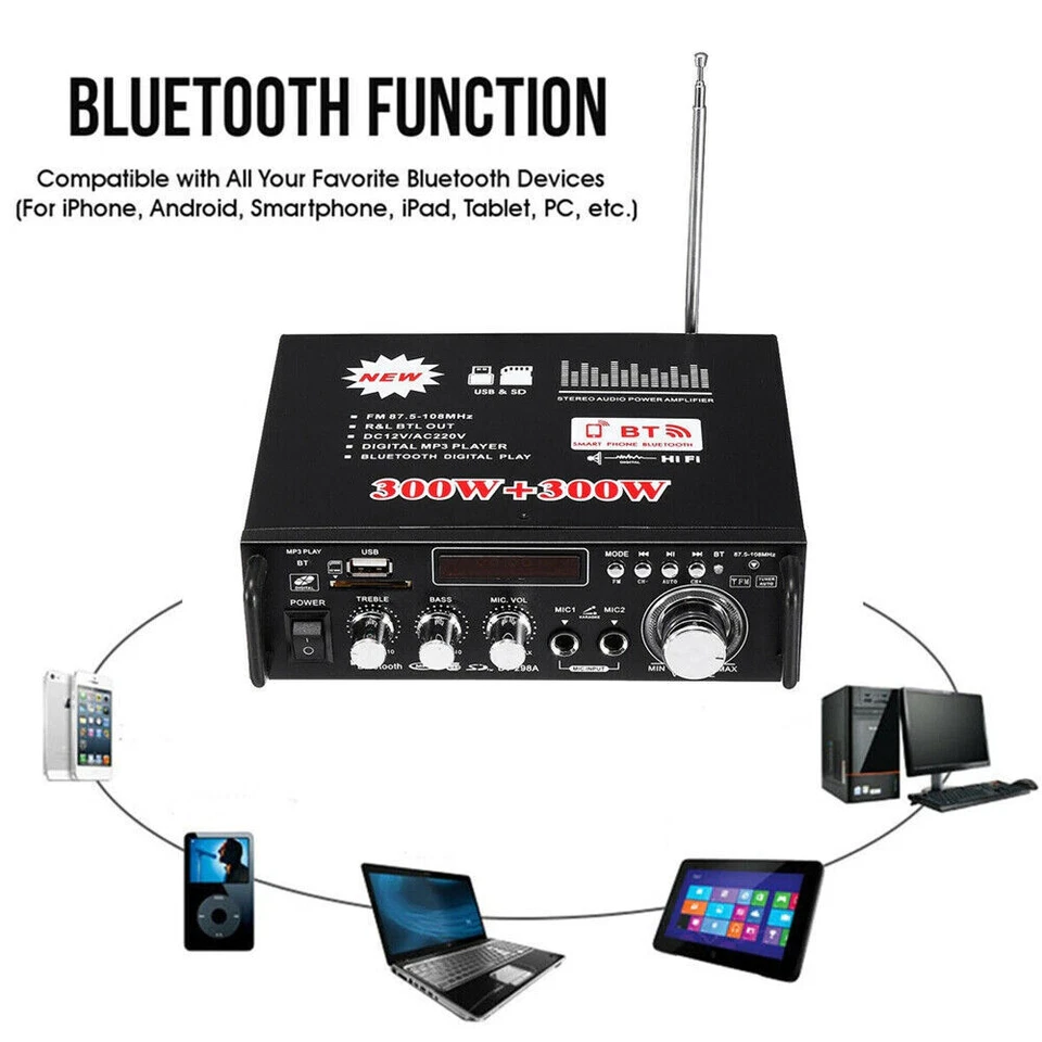 600W Bluetooth Mini Verstärker HiFi Power Audio Stereo Bass AMP USB MP3 FM ◇Auto - Bild 2 von 4