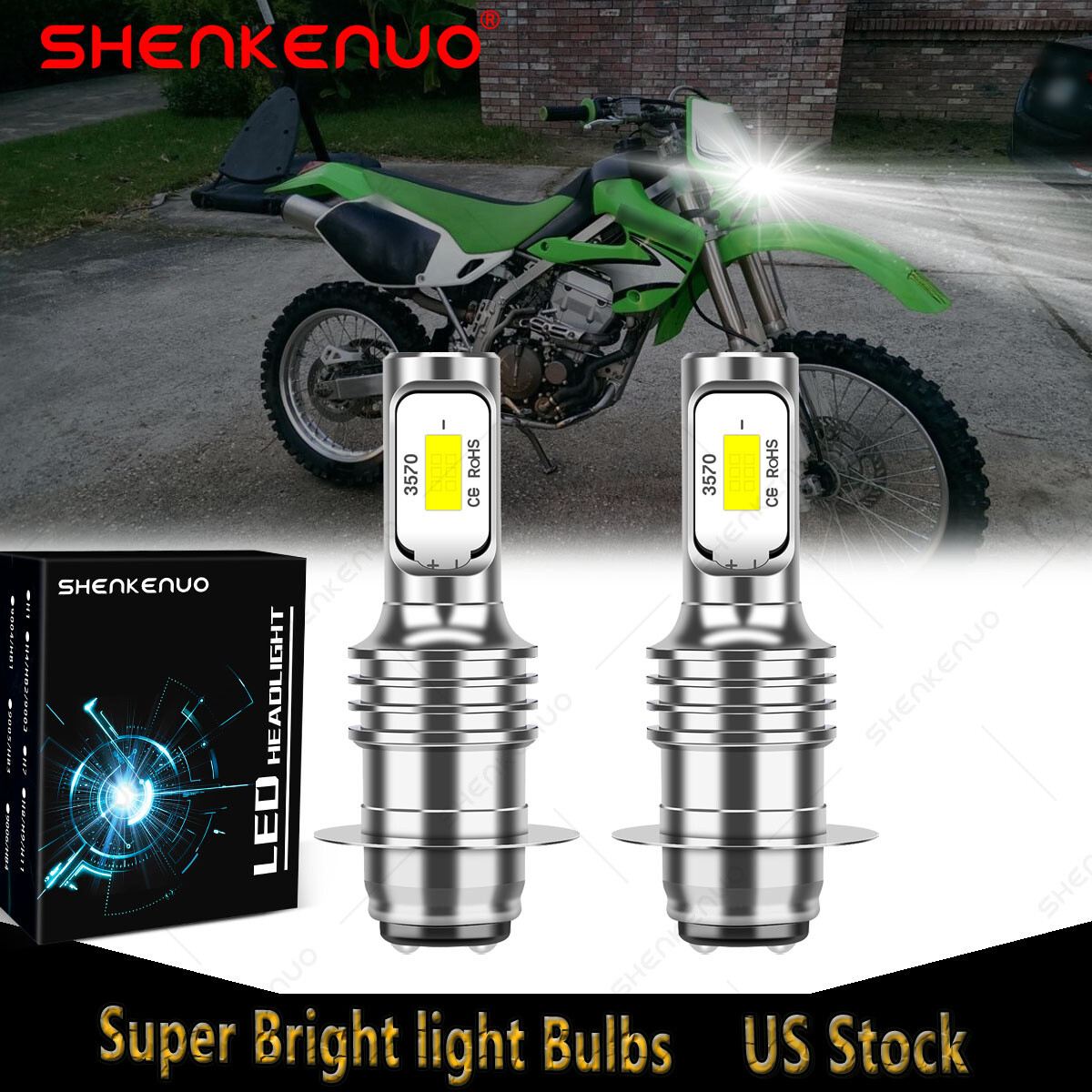 2 6000K 3570 Bright LED Headlight For Kawasaki 2001 KLX300R KLX300A6