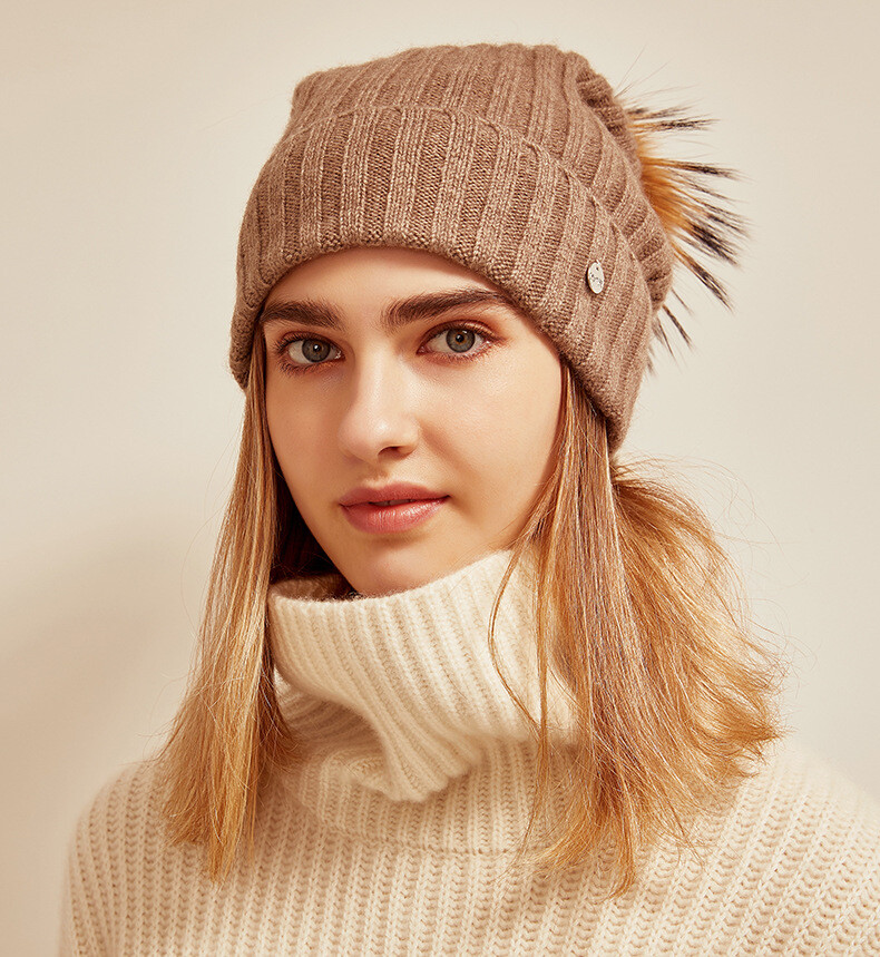Pure Mongolian Cashmere Crochet Hat Real Raccoon Fur Pom Pom  display picture 1