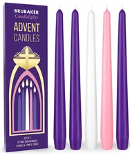 BRUBAKER 10" Taper Christmas Advent Candles (Set of 5), Purple/Pink/White