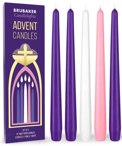 BRUBAKER 10" Taper Christmas Advent Candles (Set of 5), Purple/Pink/White - product listing photo