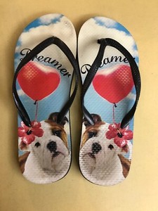 Cute Bulldog Dreamer Hearts Hibiscus Flower Beach Pool Flip Flops Size 10