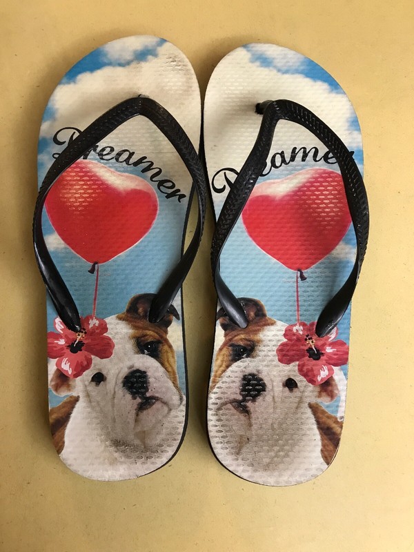 Cute Bulldog Dreamer Hearts Hibiscus Flower Beach Pool Flip Flops Size 10
