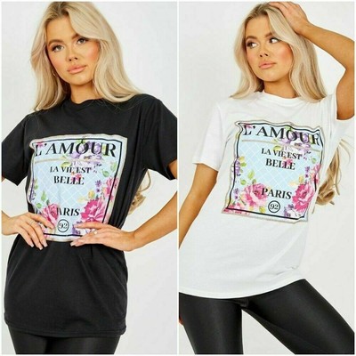 Ladies Floral L'Amour Graphic Print Short Sleeve T-Shirt Women Oversized Tee Top
