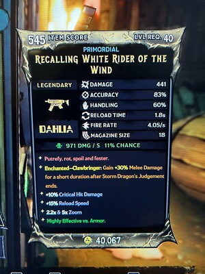 PS/XBOX/PC Tiny Tina's Wonderlands CLAWBRINGER ASCENDED LVL 40 ENCHANTED GEAR