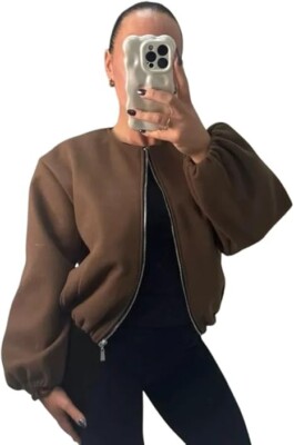 Womens Balloon Sleeve Zipper Bomber Jacket Ladies Zip Up Pockets Short Coats