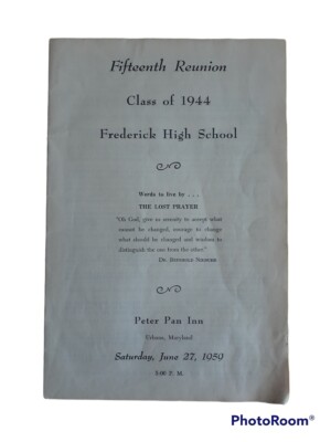 Frederick High School, MD Class Of 1944 15th Reunion Program 1955 Peter Pan Inn