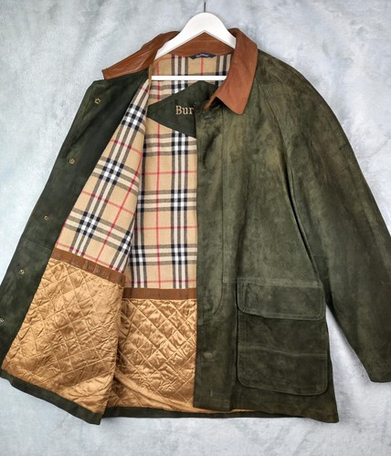 Vtg 80s BURBERRYS Green Suede Leather Wool Lined Nova Check Jacket Coat Size 44 - Picture 3 of 24