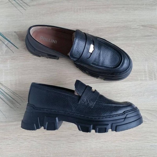 Women Pollini Loafers Black Leather 40 #CGPU