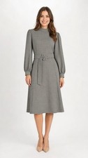 Zara Midi Dress Size XS Houndstooth Black Tan Belted Mock Neck Long Sleeves