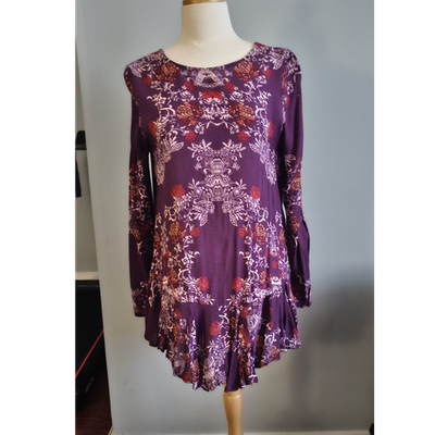 Free People Purple Floral Long Sleeve Open Back Mini Dress Ruffle Accents  S/P | eBay