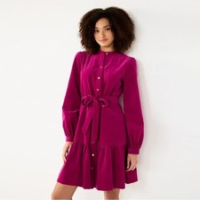 Draper James Fuchsia Long Sleeve Button Down Tie Waist Dress Women Size Large L