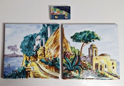 2 Handpainted Capri Italy Ceramic Tiles 6'' x 6'' & 1 Magnet, Made in Italy