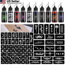 Temporary Tattoo Kit 10 Bottles Color Inks with 84 Pcs Stencils for Women Kids