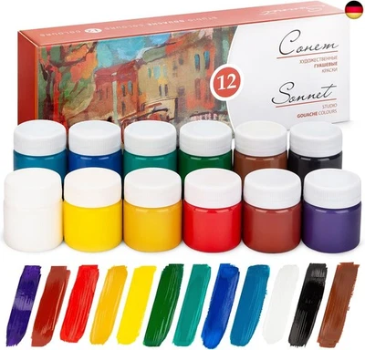 Sonnet - Hochwertiges Gouache Farben Set (12x40ml) | Wasserbasierte Malfarben