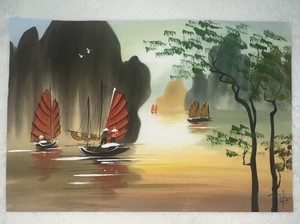 Asian/Vietnamese- Ha Long bay boats - seascape, sailing. Signed Unframed