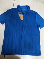 PJ Paul Jones Men's Blue Striped Polo Shirt L Short Sleeve Collared Button