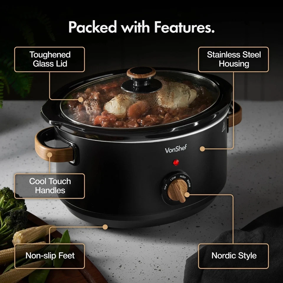 VonShef Slow Cooker 3.5L - Removable Non-stick Ceramic Bowl & Tempered Glass Lid - Image 4 of 4