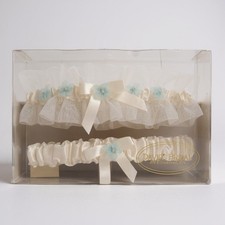 Vintage White Lace Blue Flower Wedding Bridal Two Lace Garters- New In Box