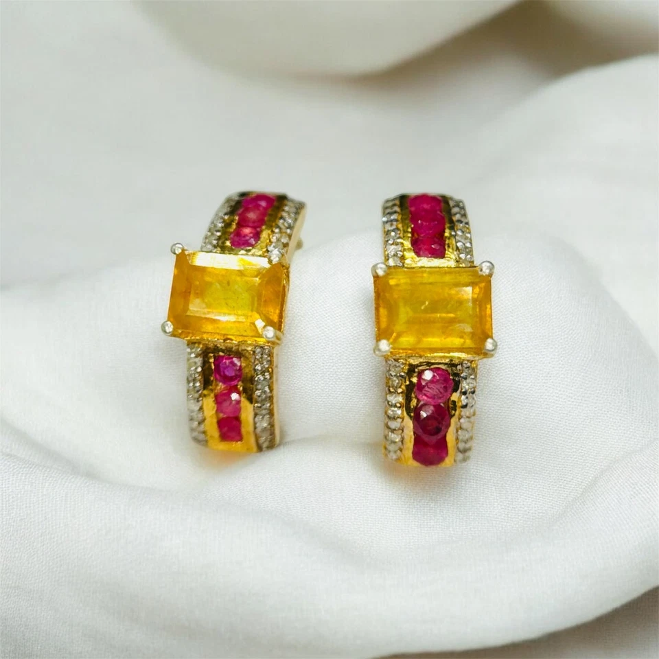 Natural Yellow Sapphire Ruby Earrings | 14K Gold Plated Vintage Style Stud - Image 1 of 4