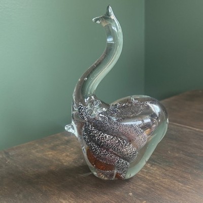 Art Glass Elephant Figurine Silver Glitter Amber Murano Style Trunk Up
