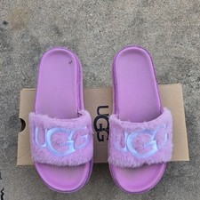 UGG Laton Fur Platform Slide Pink /White 1111236 Women s Size 10