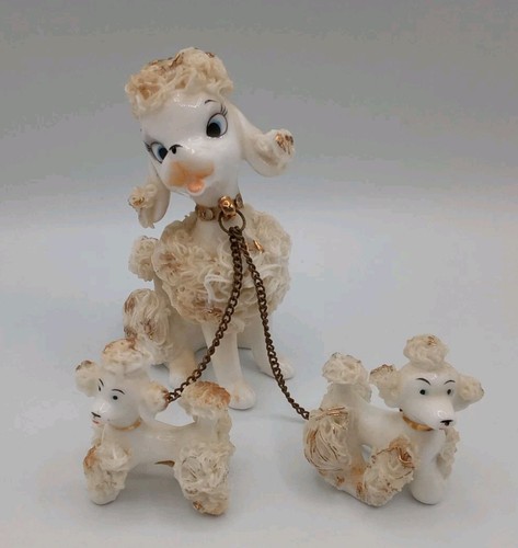 Vintage Napco White Poodle Dogs with chains Spaghetti gold tones CUTE!