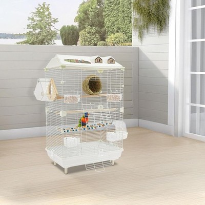 30'' H 2-door Wrought Iron Bird Cage Parakeet Cage With Roof W/ladder & Nest