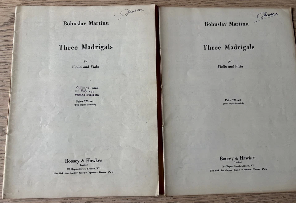 MARTINU THREE MADRIGALS FOR VIOLIN & VIOLA SHEET MUSIC BOOK (1949) ENGLAND - Image 2 of 3