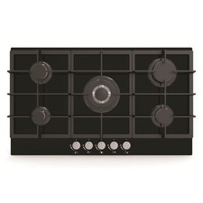 Cookology Essentials 90cm Gas on Glass Hob 5 Burner Cast Iron Wok Black