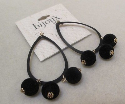BIJOUX BAR Black Open Teardrop Velvet Dangle Beads 3-1/4  Hook Earrings $19 NOC