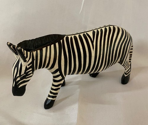 Vintage Hand Carved Wood Black White Stripped Zebra Figurine Africa Safari Decor