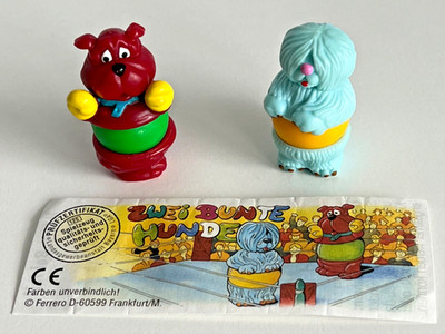 ZWEI BUNTE HUNDE Komplettsatz Kugelfiguren mit Original BPZ Ferrero 1998 Ü-Eie