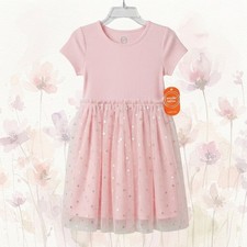 Girls Pink Princess Dress Size 8 Short Sleeve Tulle Tutu Party Foil Circles NWT