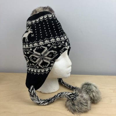 Steve Madden Women s Winter Pom Beanie Hat Ear Flaps Black Wool Blend Fair Isle