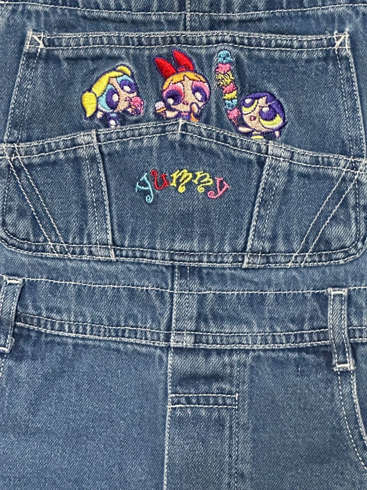 2002 Cartoon Network Powerpuff Girls Ice Cream Denim Shortalls Kids Medium 7/8 - Image 2 of 4