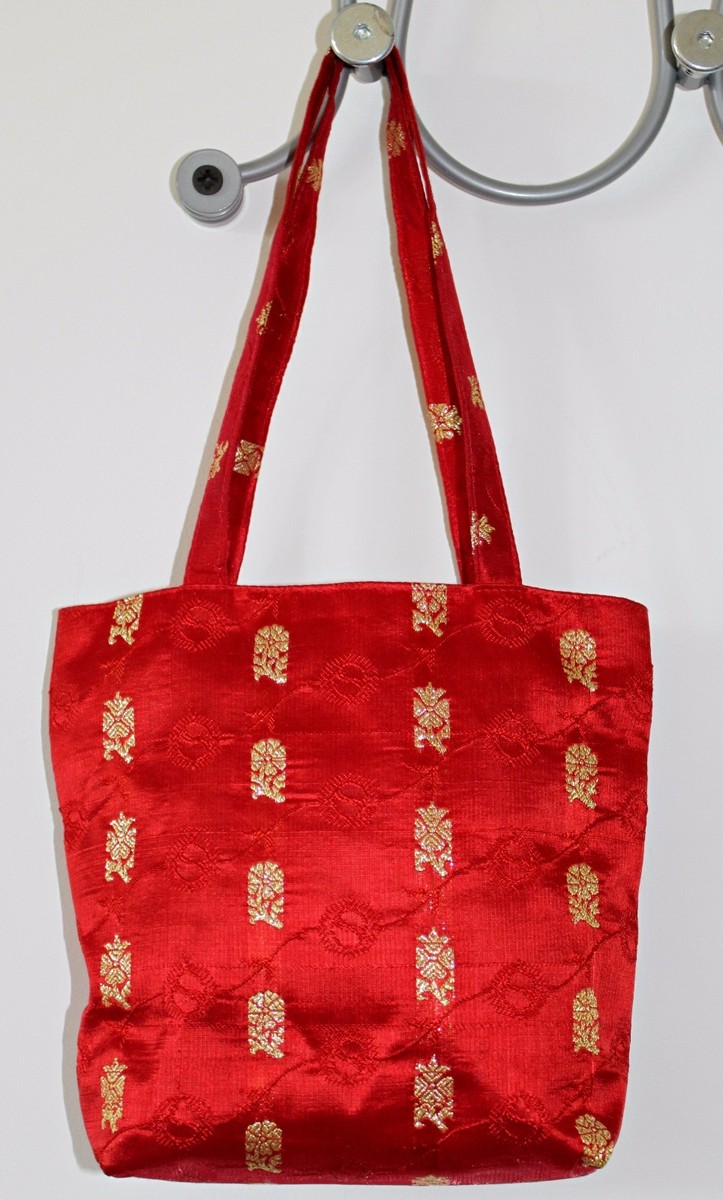 Borsa etnica a secchiello seta indiana rosso oro per cerimonia matrimonio  regalo
